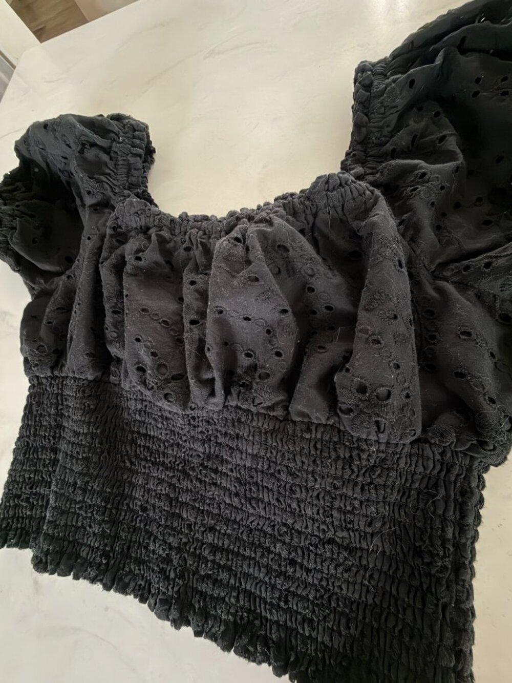 Jennifer & Grace Black Eyelet Smocked Off Shoulder Crop Top S - Picture 8 of 9
